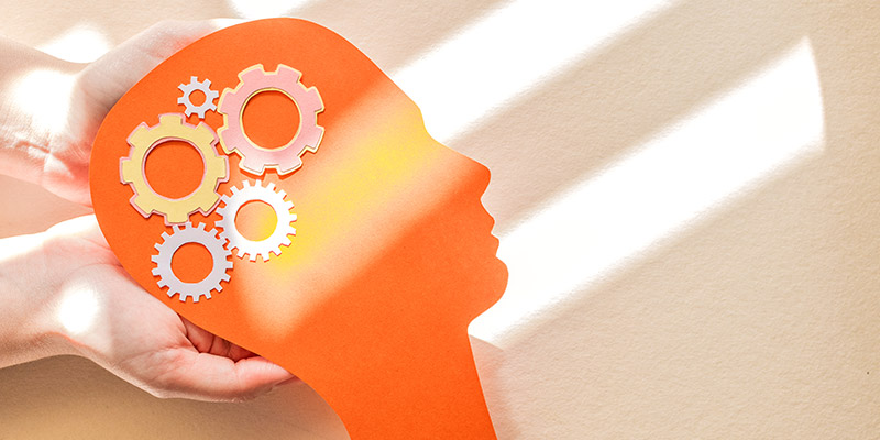 Une tête humaine avec des rouages situés dans le cerveau